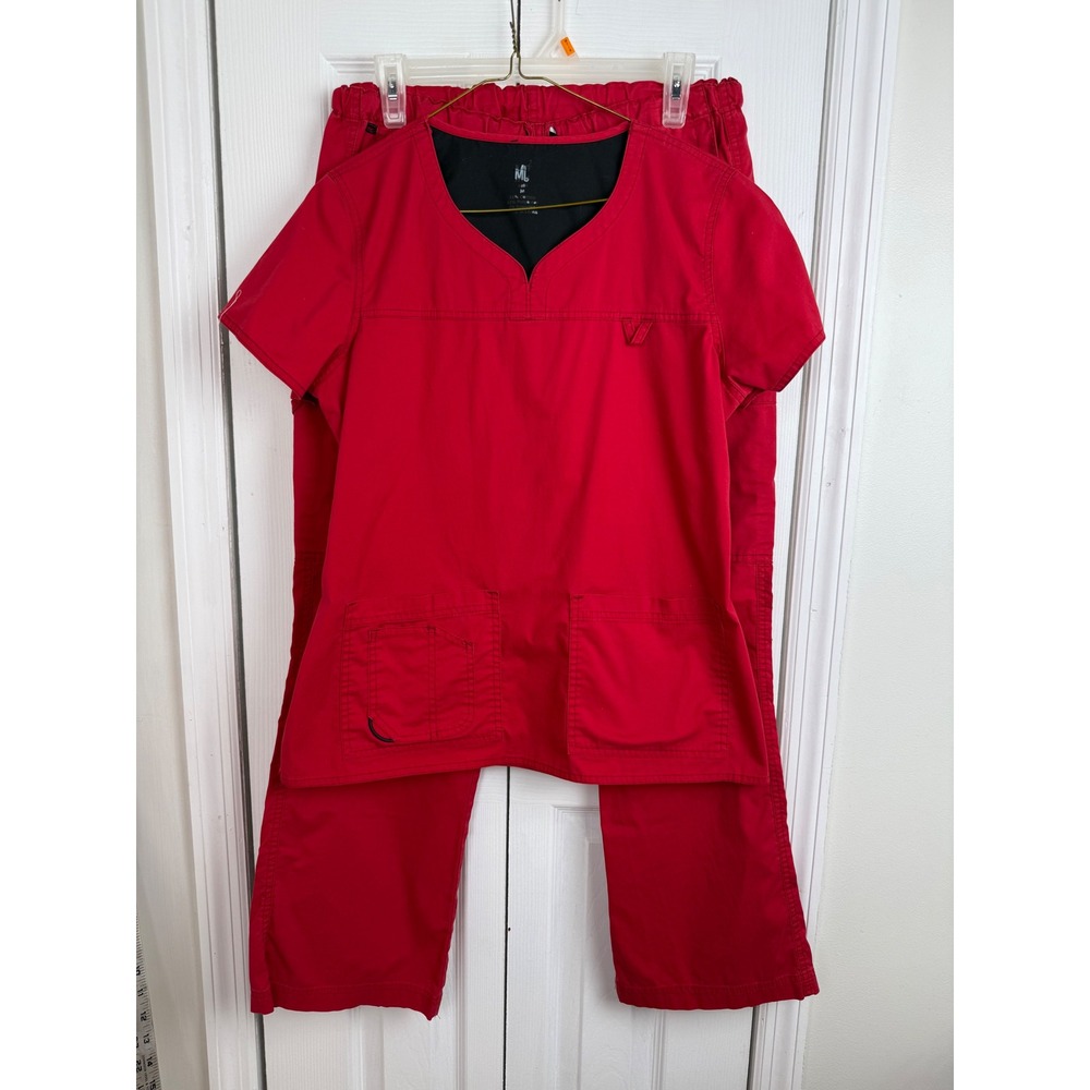 MC2 by Med Couture Red Scrub Set V-Neck Top and‎ Cargo Pants Size Medium 8741